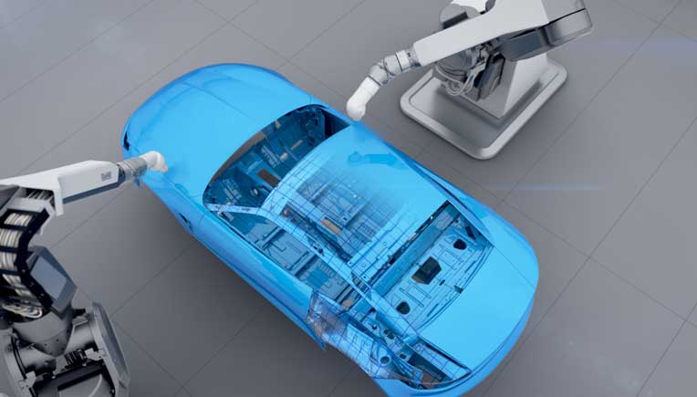The new EcoRP E043i robot is a world first for fully automated automotive painting. While conventional painting robots works with six motion axes, the new model has a seventh axis. 