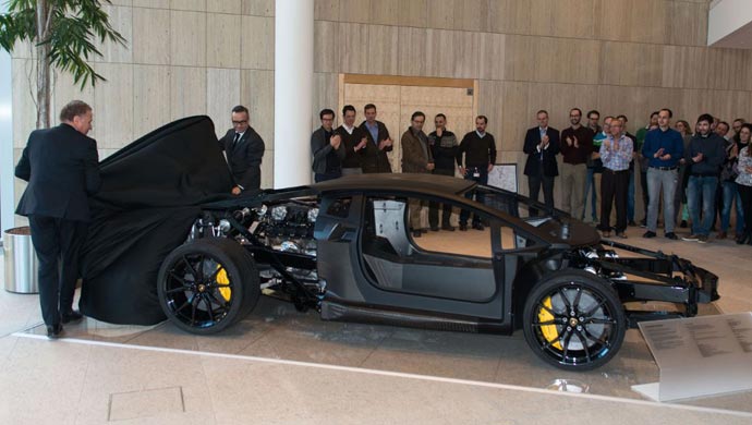 Carbon fibre monocoque rolling chassis of the Lamborghini Aventador LP 700-4