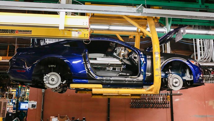 Right hand Ford Mustangs on the assembly line