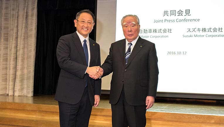  File Picture courtesy Toyota - (L to R) Toyota's President Akio Toyoda and Osamu Suzuki, Chairman of Suzuki Motor Corporation