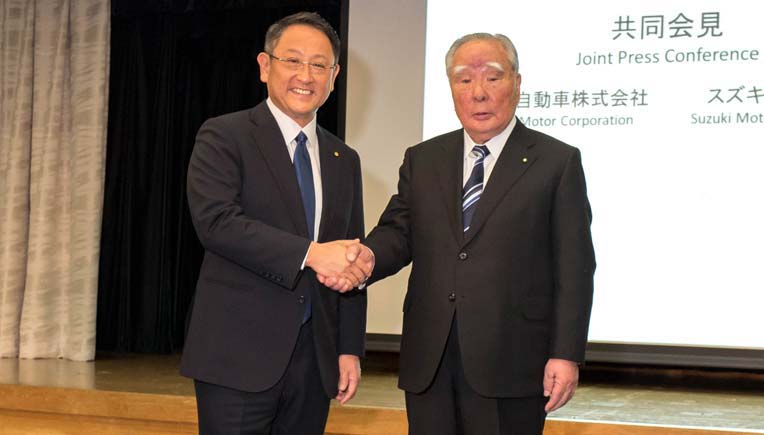 File photo of (L to R) Toyota President Akio Toyoda Suzuki and Suzuki Chairman Osamu Suzuki, Picture courtesy Toyota