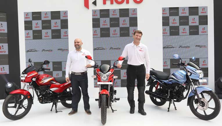 (L to R): Malo Le Masson – Head of Global Product Planning, Hero MotoCorp with Dr. Markus Braunsperger, Chief Technology Officer, Hero MotoCorp unveiling the three new motorcycles.