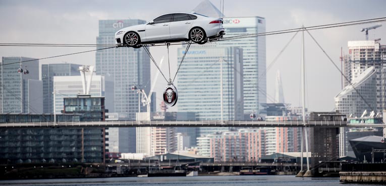 The all-new Jaguar XF does a high wire water crossing 