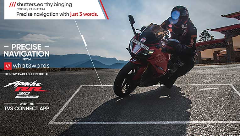 TVS Apache 2 wheelers get what3words navigation in TVS Connect app
