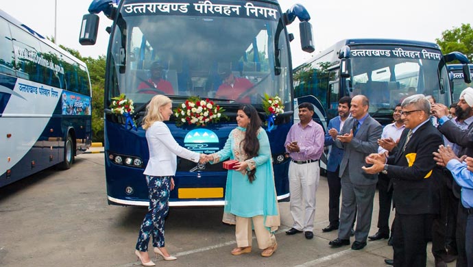 The Volvo buses were handed over by Ms. Anna Johansson, Minister of Infrastructure, Government of Sweden