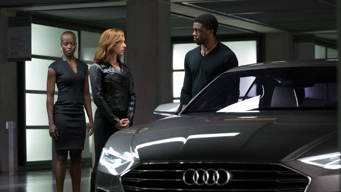 From right_Black Panther or T Challa (Chadwick Boseman), Black Widow (Scarlet Johansson) and security chief (Florence Kasumba)