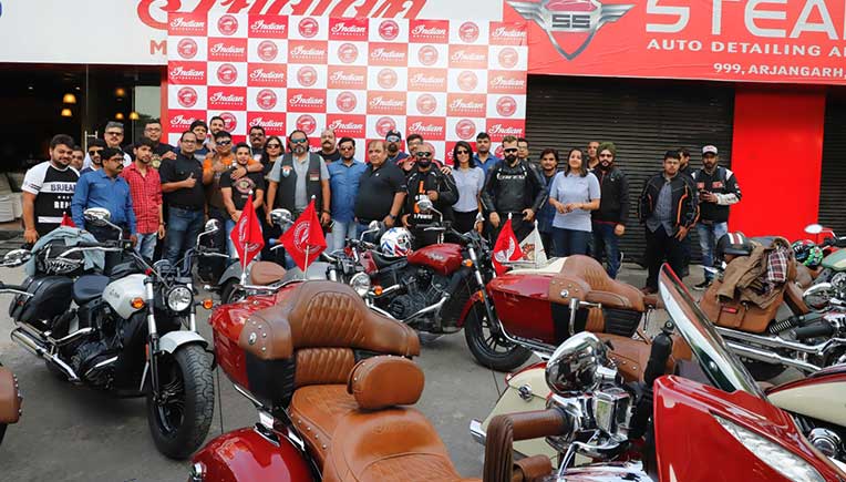 Indian Motorcycle riders at the Indian Motorcycle dealership on MG Road