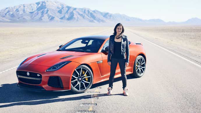 The new Jaguar F-Type SVR, the fastest series production Jaguar vehicle ever, has been put through its first high speed test drive with Hollywood actress Michelle Rodriguez at the wheel