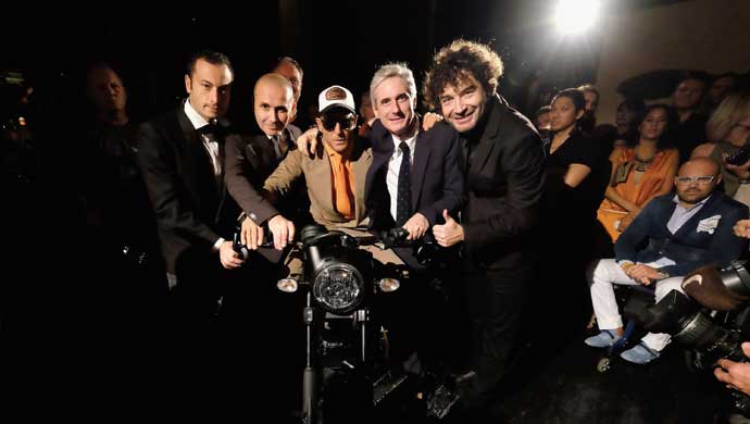 Chris King, Lapo Elkann, Alessandro Cicogiani, and Andrea Tessitore, CEO of Italia Independent, attend the Italia Independent X Ducati Celebration of The Launch Of The Scrambler Ducati