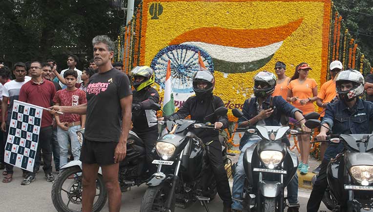 Former model and celebrity Milind Soman flags off Suzuki Tri-Cultural Brotherhood Ride from India Gate on Aug 15