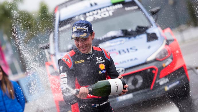 Hayden Paddon(NZL) celebrates the podium during the FIA World Rally Championship Argentina 2016 in Cordoba, Argentina on April 24, 2016