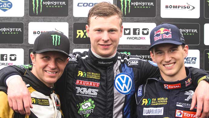 (Left to right) Petter Solberg, Johan Kristoffersson, Timmy Hansen, the podium finishers of Round 1, WRX 2015 