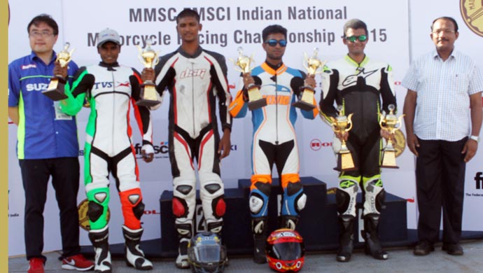 Winners of the Rolon Round of the MMSC FMSCI Indian National Motorcycle Racing Championship at the Kari Motor Speedway, on June 7, 2015.