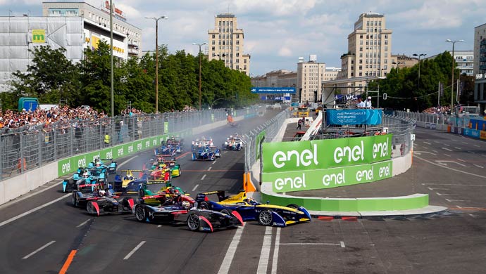 FIA Formula E race in progress on the streets of Berlin