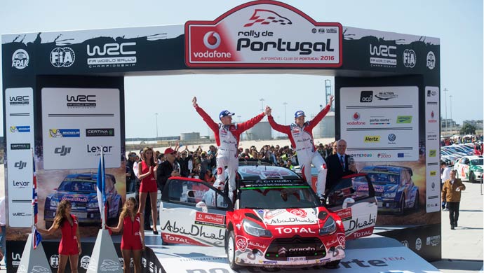 Kris Meeke (GBR), Paul Nagle (IRL) celebrate the podium during FIA World Rally Championship 2016 Portugal in Porto, Portugal on May 22, 2016
